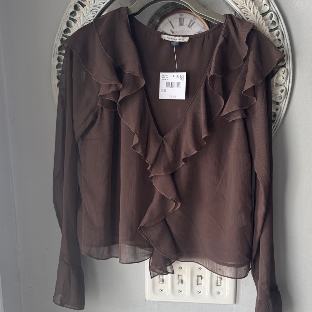American Eagle Outfitters Brown Ruffled Blouse